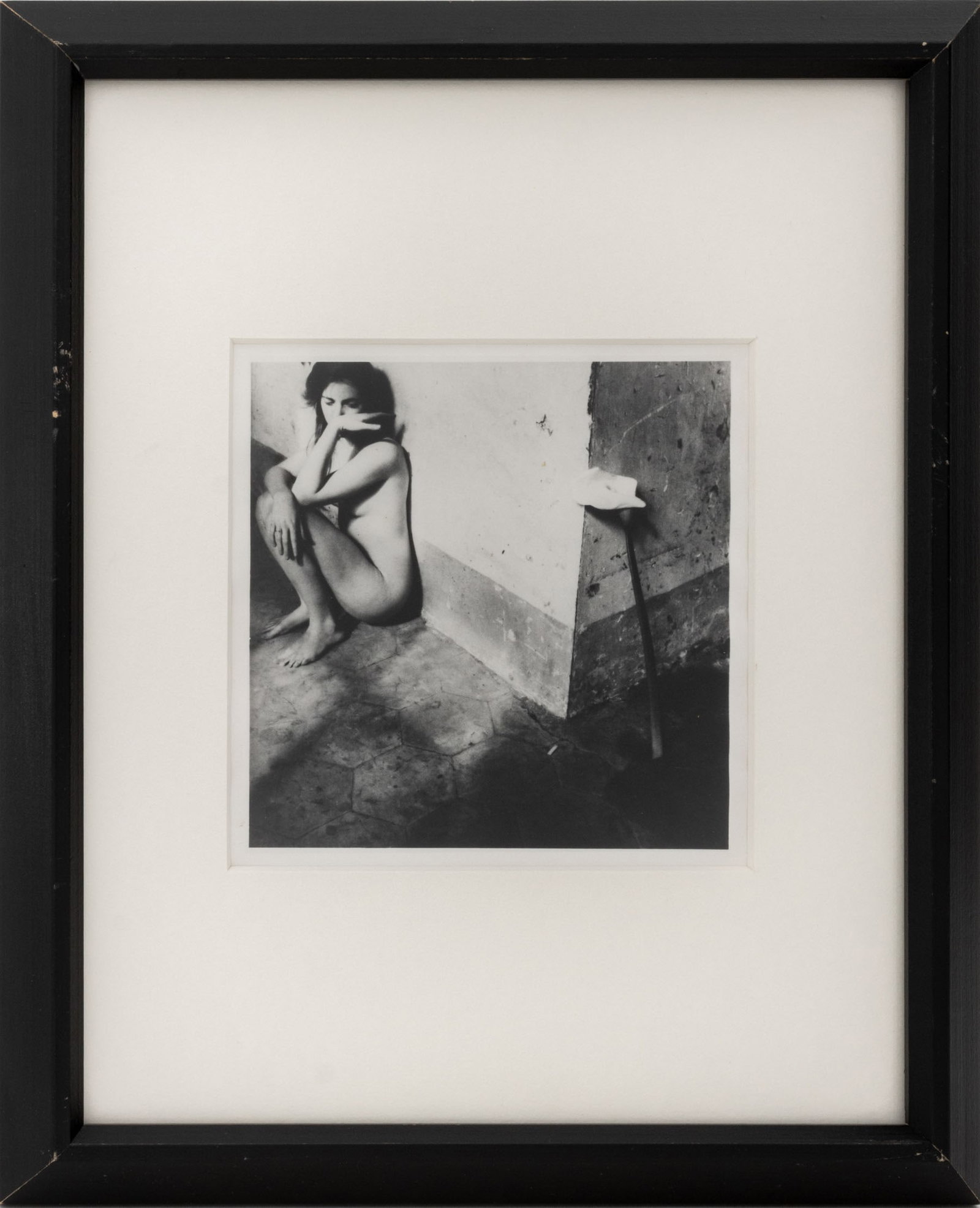 Francesca Woodman "Self Portrait, Easter, Rome": Francesca Woodman (American, 1958-1981), "Self Portrait, Easter, Rome", Gelatin Silver Print, circa 1978, Wellesley College label verso, ebonized wood frame. Image: 4.375" H x 4.375" W; frame: 11" H x