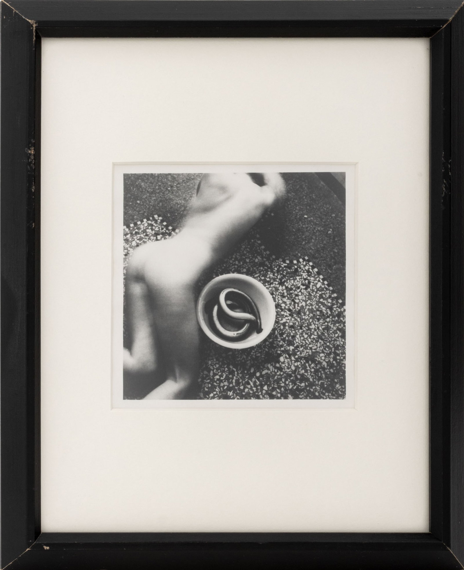 Francesca Woodman Eel Series Silver Print, 1977-8: Francesca Woodman (American, 1958-1981), From "Eel Series", Gelatin Silver Print, 1977-1978, Wellesley College label verso, ebonized wood frame. Image: 4.375" H x 4.375" W; frame: 11" H x 9" W x 0.75"