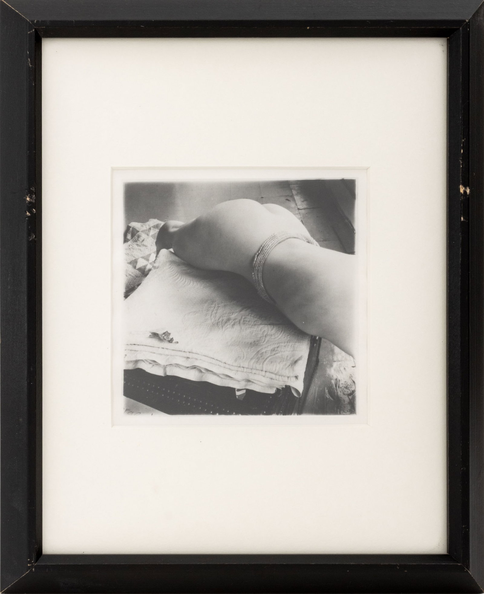 Francesca Woodman "N307.1" Gelatin Silver Print: Francesca Woodman (American, 1958-1981) "N307.1", Gelatin Silver Print, 1979-1980, Wellesley College label verso, ebonized wood frame. Image: 4.375" H x 4.375" W; frame: 11" H x 9" W x 0.75" D. Proven