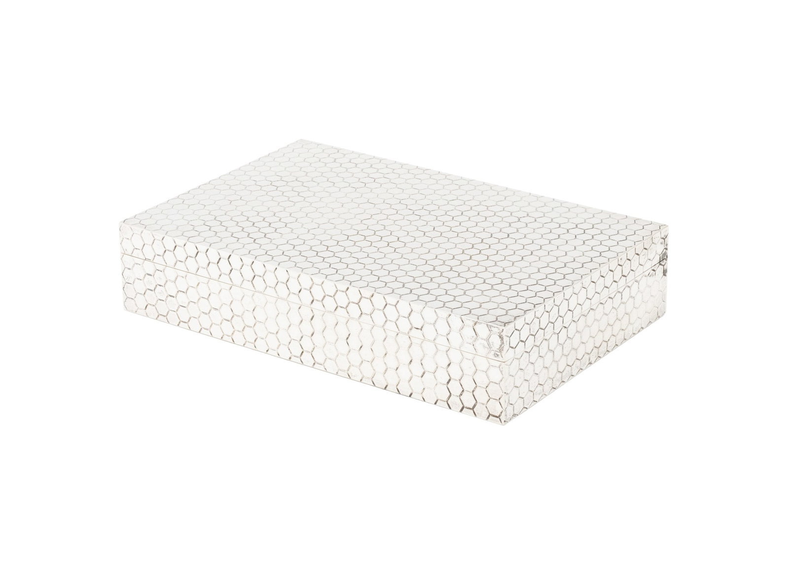 Tiffany & Co. Sterling Silver Covered Box: Tiffany and Company Sterling Silver Hexagon Motif Covered Box, marked "STERLING / Tiffany & Co." to edge. Weight: 66.48 ozt.; 2.25" H x 11" W x 7.25" D. Provenance: From a 500 Park Avenue Estate. Keyw