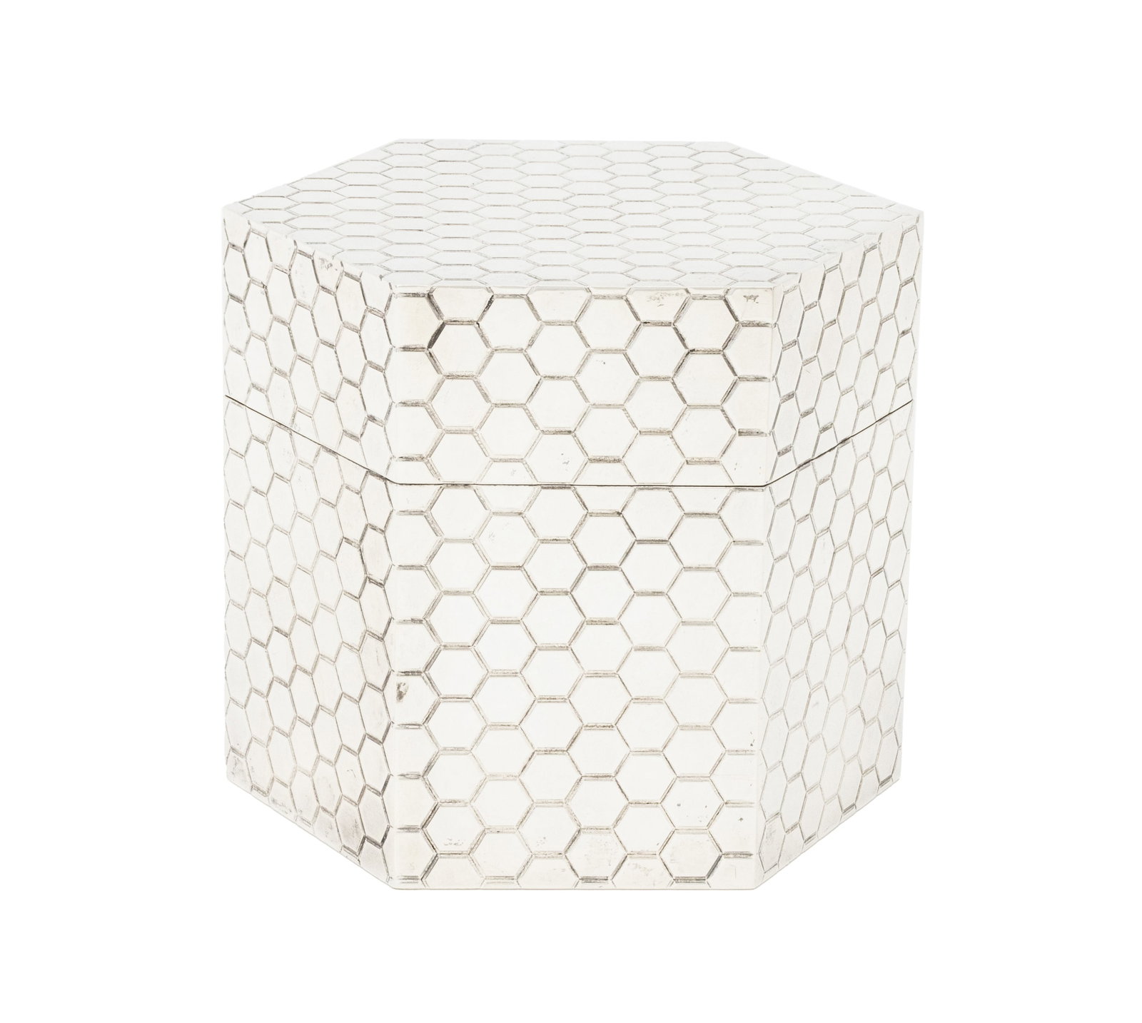 Tiffany & Co. Sterling Silver Hexagonal Box: Tiffany and Company Sterling Silver Honeycomb Pattern Hexagonal Box, marked to interior rim. Weight: 26.78 ozt.; 4.5" H x 5.25" W x 4.5" D. Provenance: From a 500 Park Avenue Estate. Keywords: Vintage