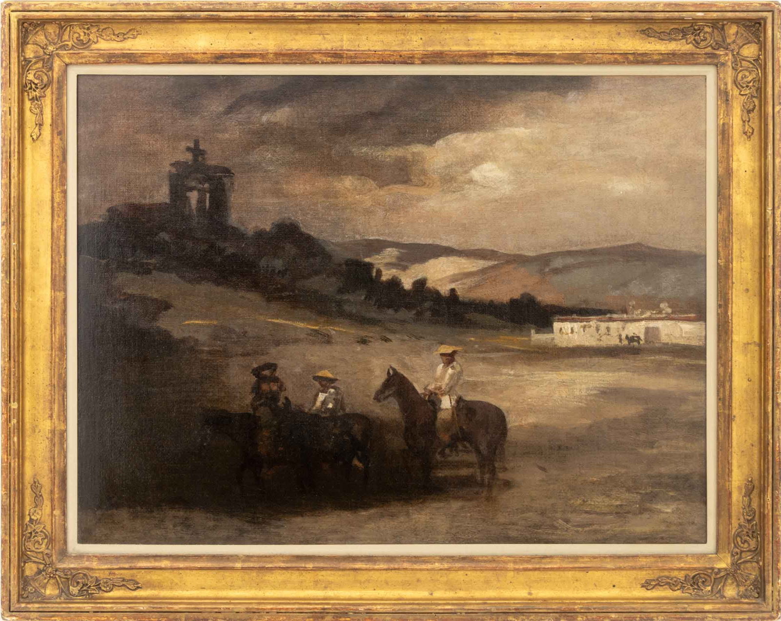 William Morris Hunt "Scene in Mexico", ca. 1874: William Morris Hunt (American, 1824-1879), "Scene in Mexico", Oil in Canvas, circa 1874, giltwood frame. Image: 19.75" H x 26.25" W; frame: 26" H x 32.75" W x 2" D. Provenance: From a Boston Collectio