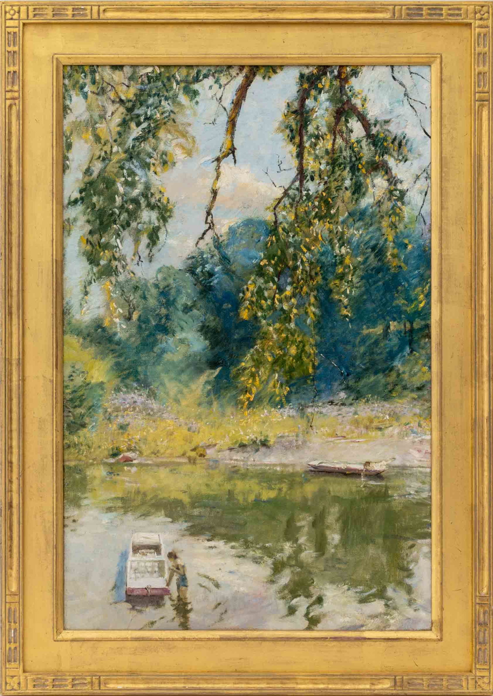 Howard Chandler Christy Attr. On the Riverbank: Howard Chandler Christy (American, 1872-1952) Attributed, On the Riverbank, Oil on Canvas, circa 1946, unsigned, giltwood frame. Image: 25.75" H x 16.5" W; frame: 31.5: H x 25.25" W x 1" D.