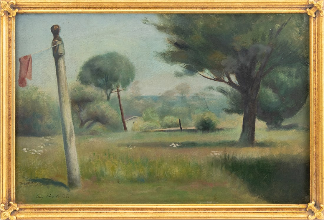 Guy Pene du Bois Landscape Scene Oil on Board: Guy Pene du Bois (American, 1884-1958), Afternoon Landscape Scene, Oil on Board, signed lower left, giltwood frame. Image: 14.25" H x 21.75" W; frame: 16.25" H x 23.75" W x 1" D. Provenance: From a We