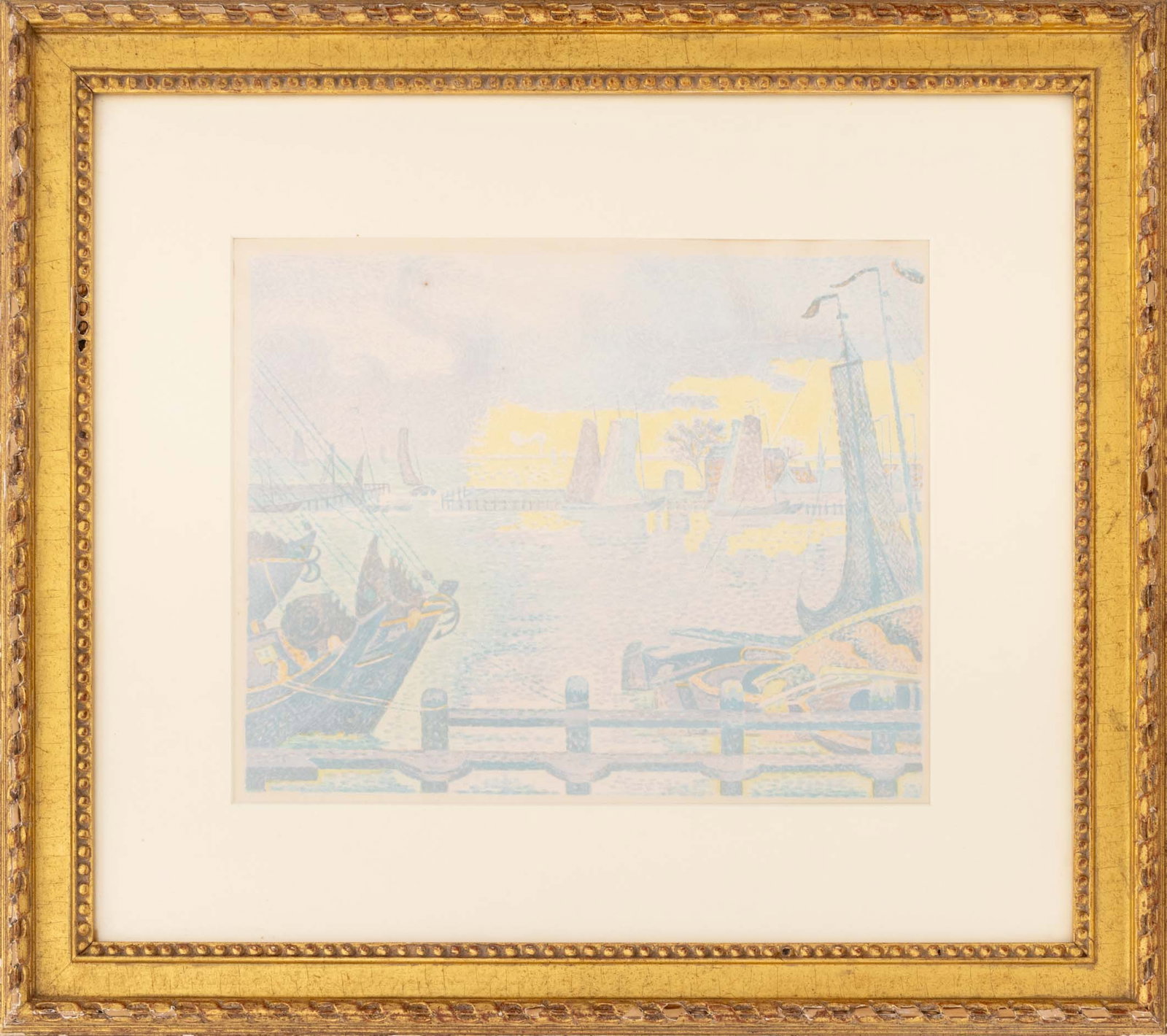 Paul Signac "Les Bateaux a Flessingue", 1895: Paul Signac (French, 1863-1935), "Les Bateaux a Flessingue", Lithograph in Colors, 1895, giltwood frame. Image: 11.75" H x 15.75" W; frame: 24" H x 27.25" W x 1.5" D. Provenance: Sotheby's, New York,
