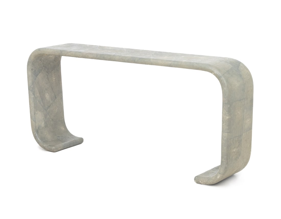 Karl Springer Style Shagreen Waterfall Console: Karl Springer Style Gray Shagreen Covered Waterfall Console Table, with tessellated pattern. 27.25" H x 59" W x 12" D. Provenance: From a SoHo, New York Collection. Keywords: Modern Furniture, Entry
