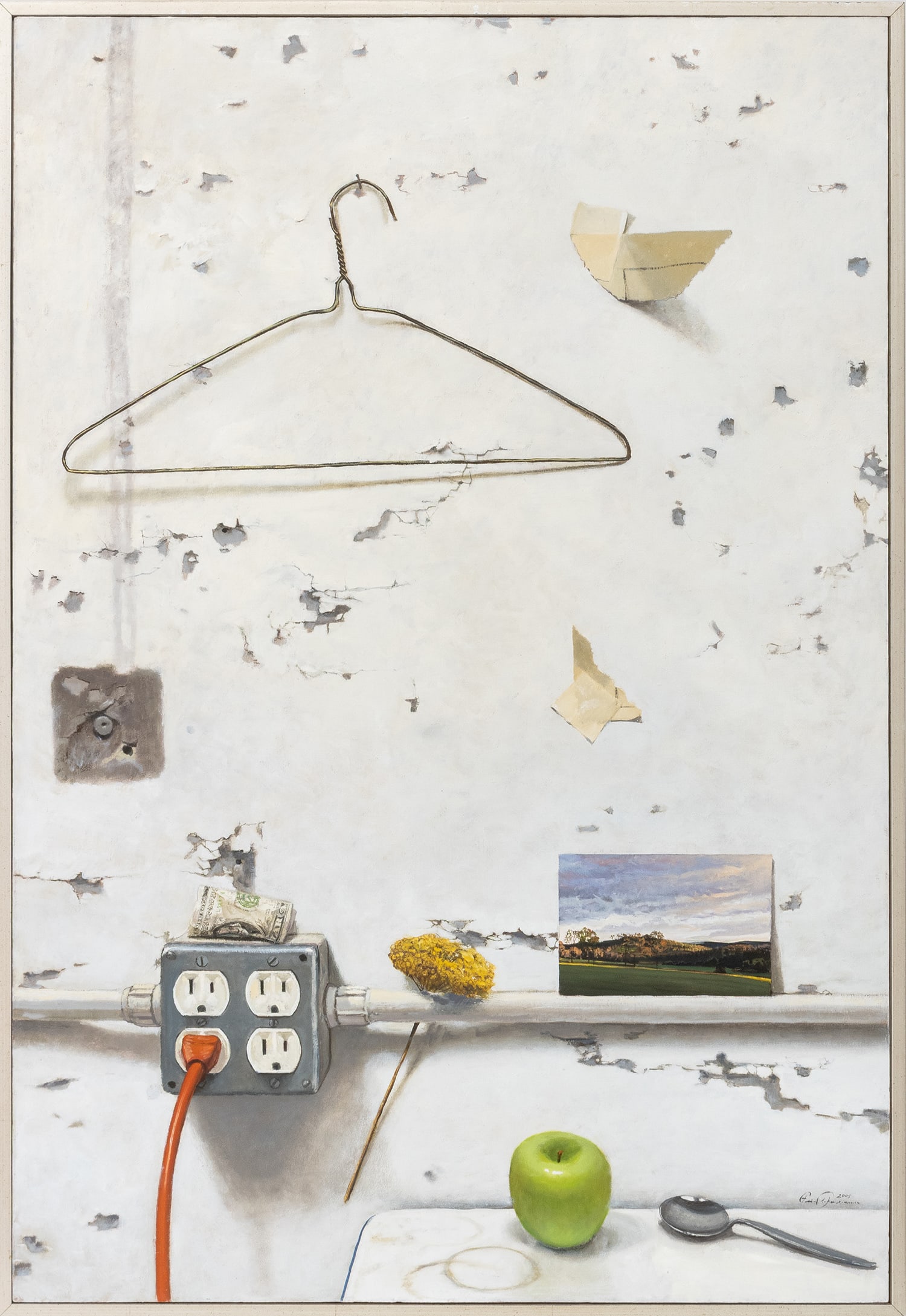 Eric Forstmann "Revision" Oil on Panel, 2005: Eric Forstmann (American, b. 1962), "Revision", Oil on Panel, 2005, signed and dated lower right, artist label verso, silvered wood frame. Image: 36" H x 24.5" W; frame: 37" H x 25.75" W x 2" D.