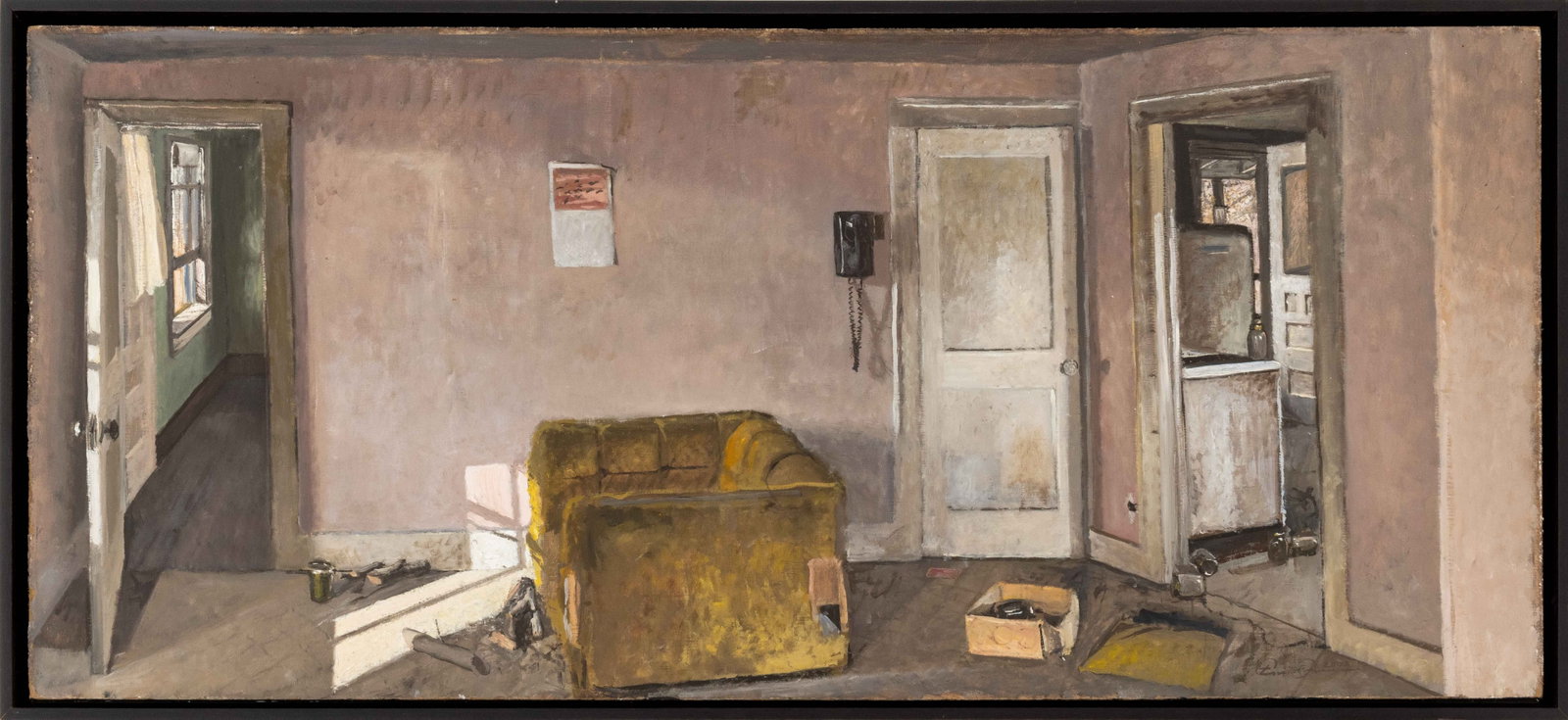 Eric Forstmann Interior Scene Oil on Panel, 2002: Eric Forstmann (American, b. 1967), Interior Scene, Oil on Panel, 2002, signed and dated lower right, ebonized wood frame. Image: 16" H x 36" W; frame: 17.25" H x 37.25" W x 2" D. Provenance: From an