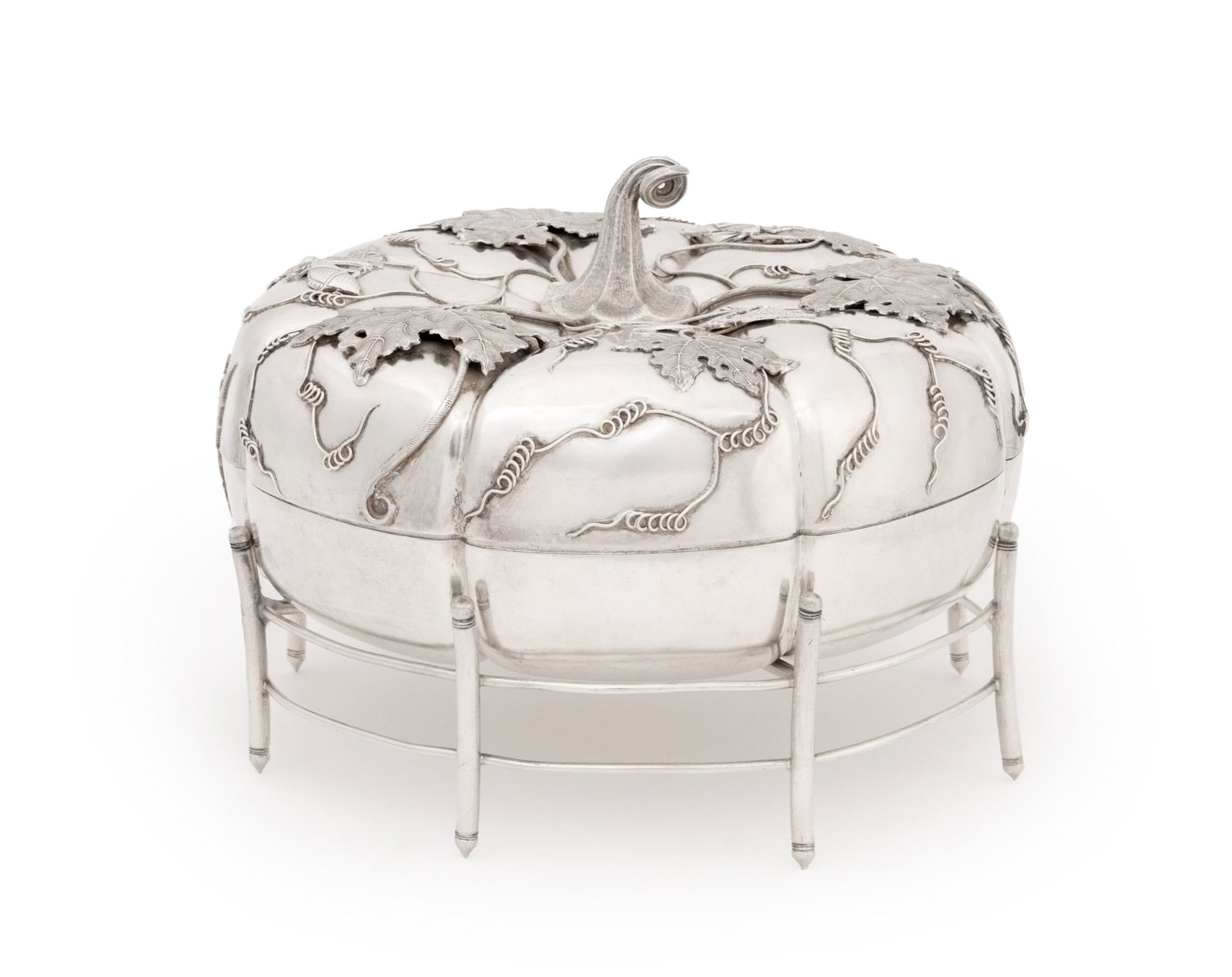 Chinese Silver Pumpkin Form Sweet Meat Tray: Chinese Silver Pumpkin Form Sweet Meat Tray, the lid with applied leaves and vines to the lid opening to divided interior with silver stand, marked to underside. Silver tested. Weight: 98.22 ozt.;