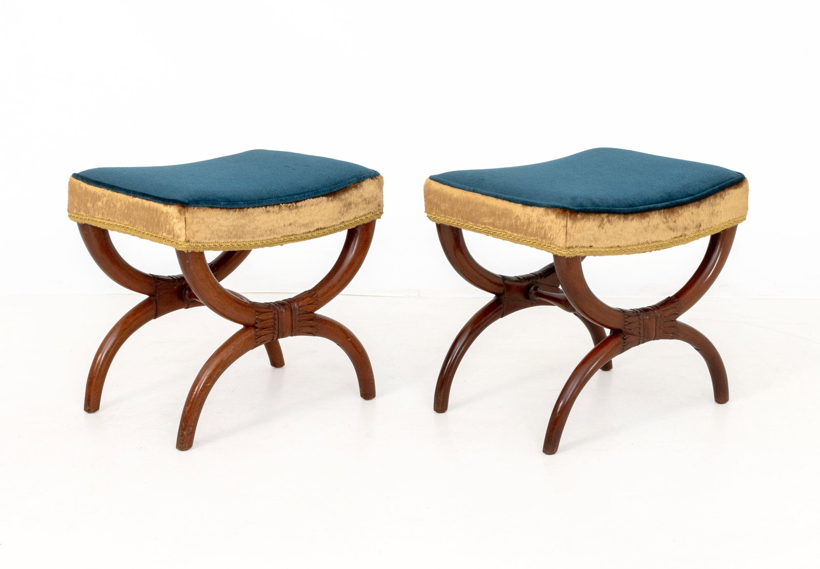 Empire Style Velvet Upholstered Curule Stools, Pr. (1 of 8)