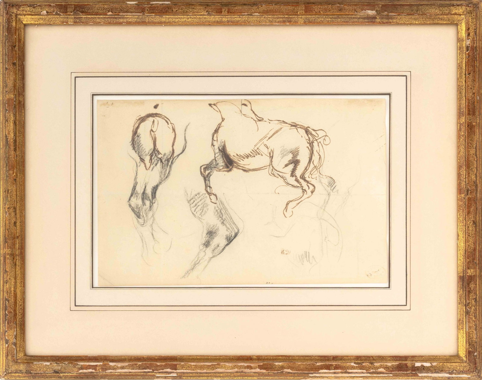 Eugene Delacroix Study of Horses, 19th C.: Eugene Delacroix (French, 1798-1863), Study of Horses, Pen and Brown Ink on Paper, 19th century, initialed "ED" lower center, "Atelier Ed. Degas" stamp lower right, giltwood frame. Sheet: 7.5" H x 11.