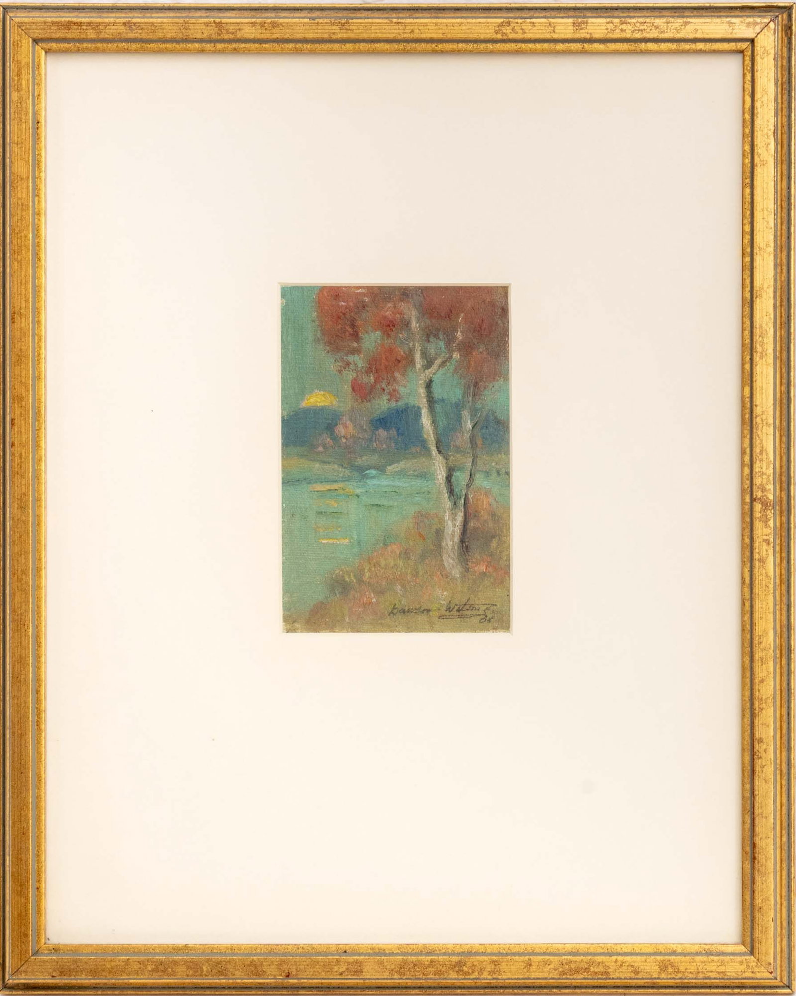 Dawson Dawson-Watson "Autumn Moonrise", 1905: Dawson Dawson-Watson (American, born England, 1864-1939), "Autumn Moonrise", Oil on Canvas, 1905, signed in pencil and dated lower right, giltwood frame. Image: 5.25" H x 3.5" W; frame: 15.25" H x 12.