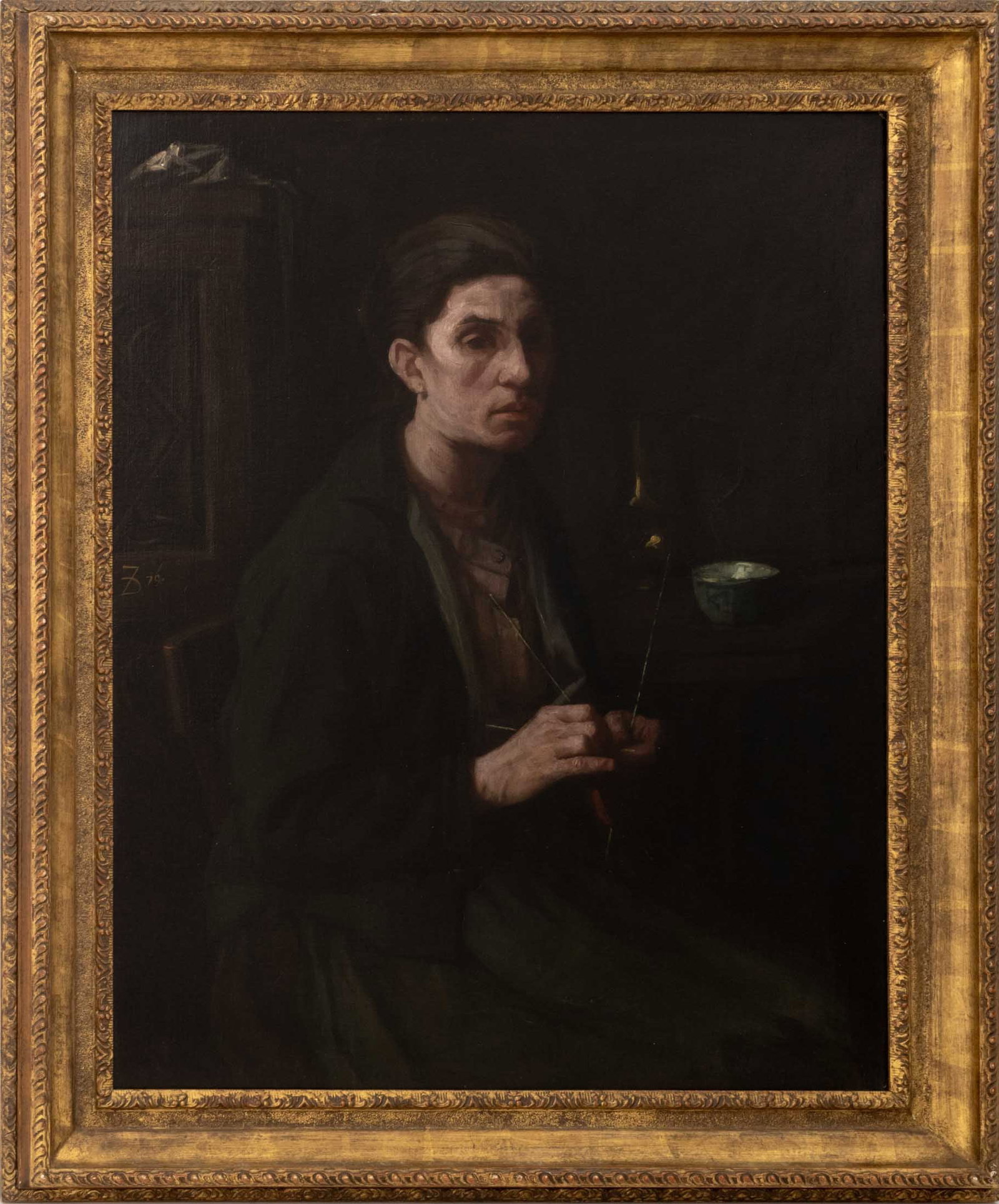 Frank Duveneck "Woman Knitting" Oil, 1879: Frank Duveneck (American, 1848-1919), "Woman Knitting", Oil on Canvas, 1879, signed and dated center left, signed verso, giltwood frame. Image: 35.75" H x 28.25" W; frame: 43.75" H x 36.5" W x 2" D. P