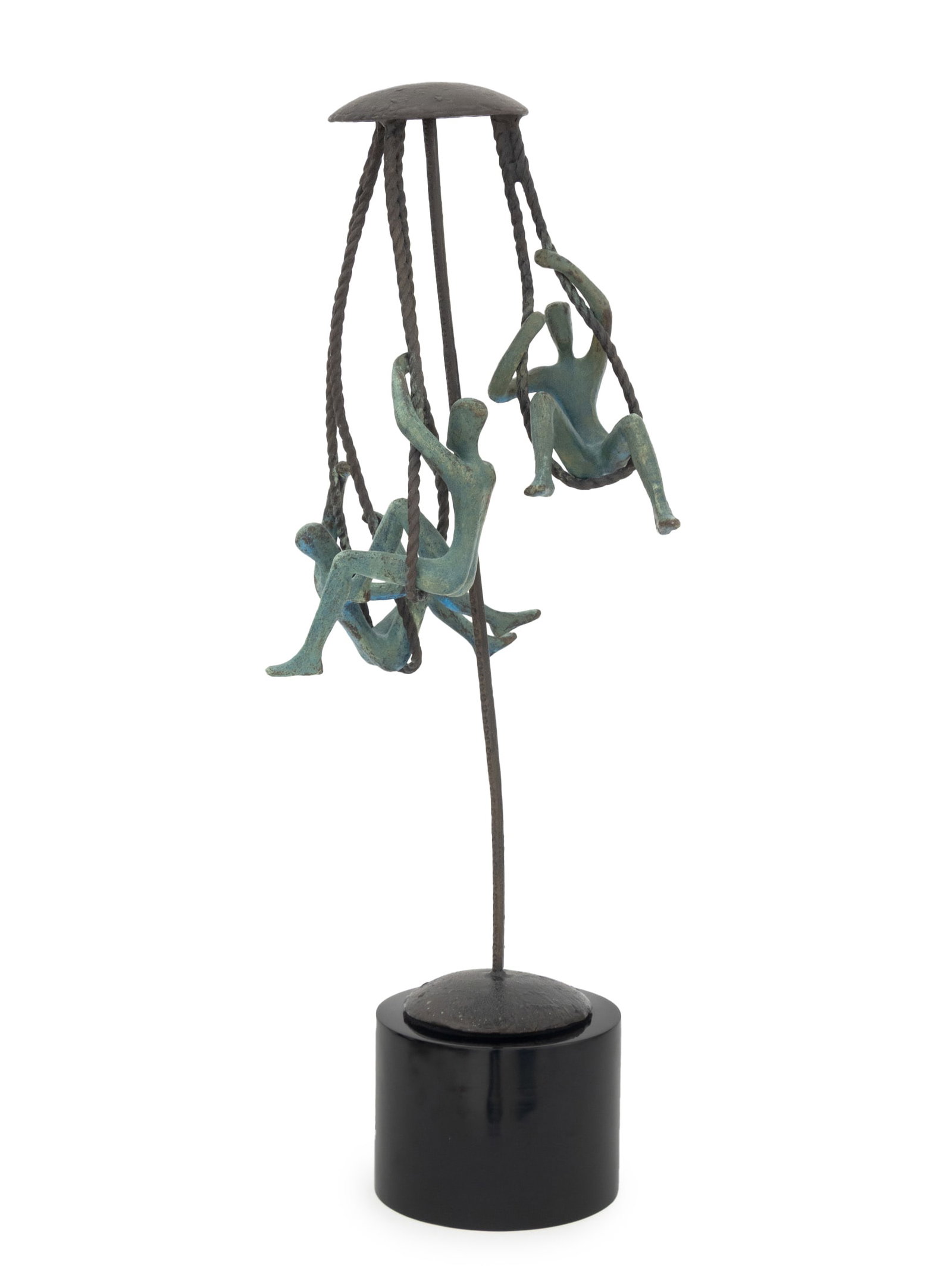 Tolla Inbar "One More Round" Bronze, 2000: Tolla Inbar (German, b. 1958) "One More Round" Verdigris Patinated Bronze Sculpture, 2000, mounted on black lacquered cylindrical base. Overall: 35.75" H x 16" Diameter; sculpture only: 29.75" H x 16"