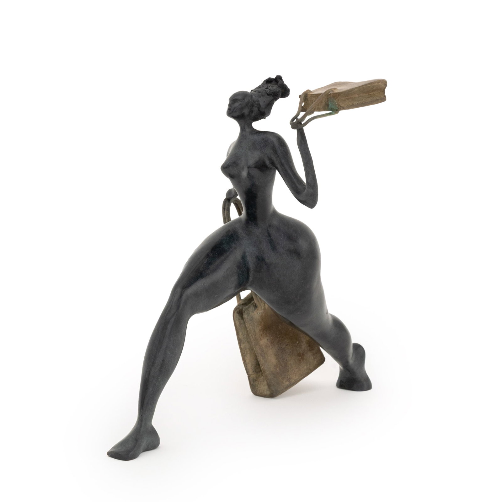 Francoise Abraham "Shopping" Bronze Sculpture: Francoise Abraham (French, b. 1962) "Shopping" Patinated and Gilt Bronze Sculpture, signed and numbered edition "4 / 90" to right foot. 8" H X 10" W x 4.5" D. Provenance: From a Fort Lauderdale, Flori