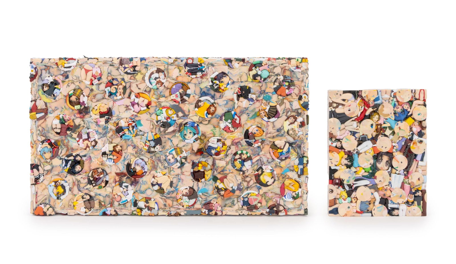 Three Anime Figurine Assemblage Sculptures, 2: Three (Japanese, established 2009) Two Anime Figurine Assemblage Sculptures, depicting layered melted plastic anime figures mounted on wood and aluminum boards, each signed to reverse, unframed. Large
