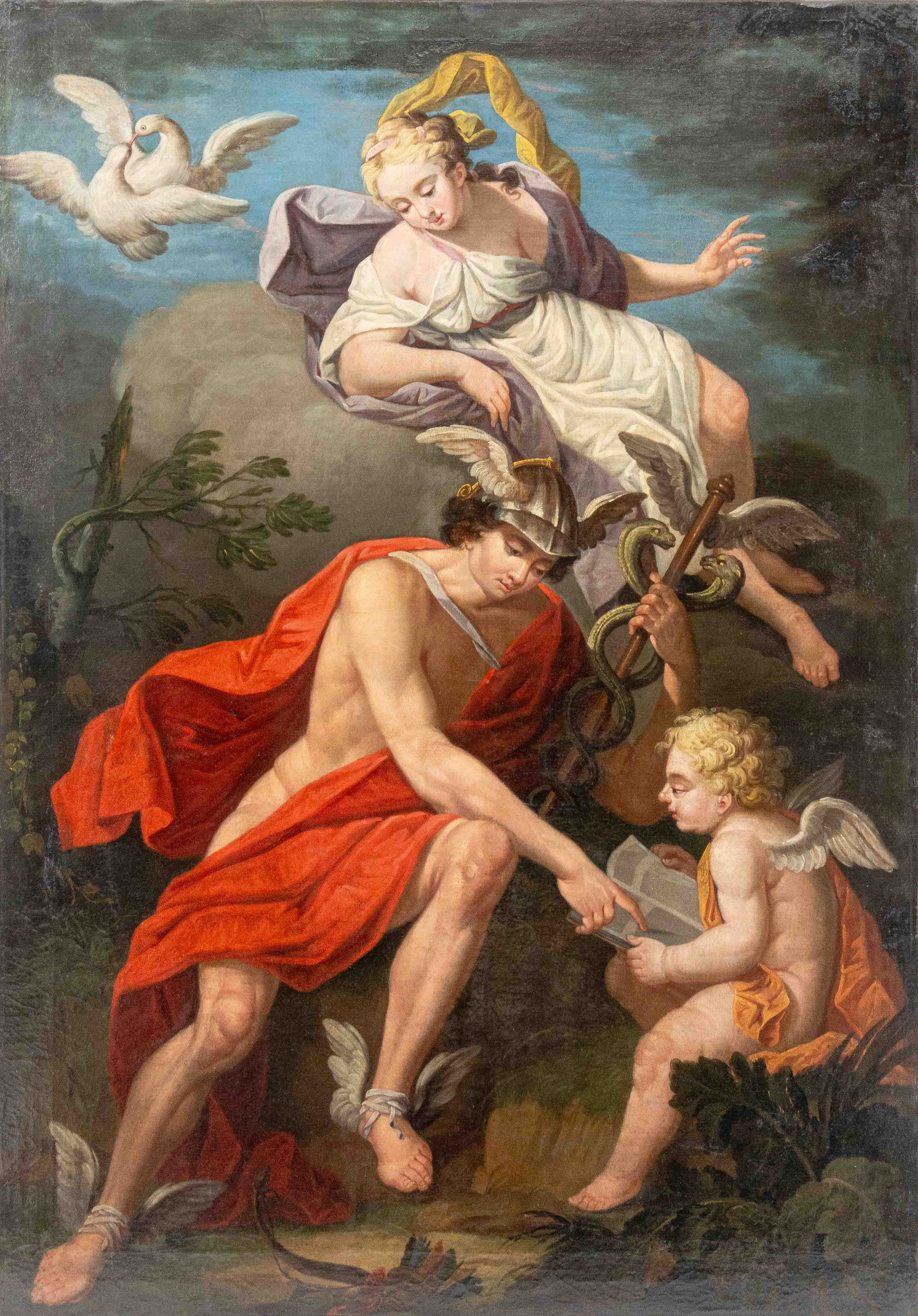 European Neoclassical Scene Oil on Canvas, 17th C.: Continental School, Neoclassical Scene with Aphrodite, Eros, and Hermes, Oil on Canvas, 17th century, unsigned, unframed. 55" H x 39" W x 1" D. Provenance: From a New York City Collection. Keywords: P