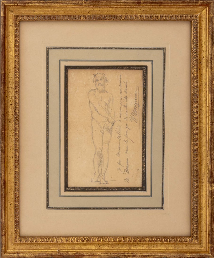 William Adolphe Bouguereau Standing Male Nude: William Adolphe Bouguereau (French, 1825-1905), Standing Male Nude, Graphite on Laid Paper, signed and inscribed "Je pose Monsieur Allard pour une semaine / M. Bureau vici la pose qui devra lui etre d