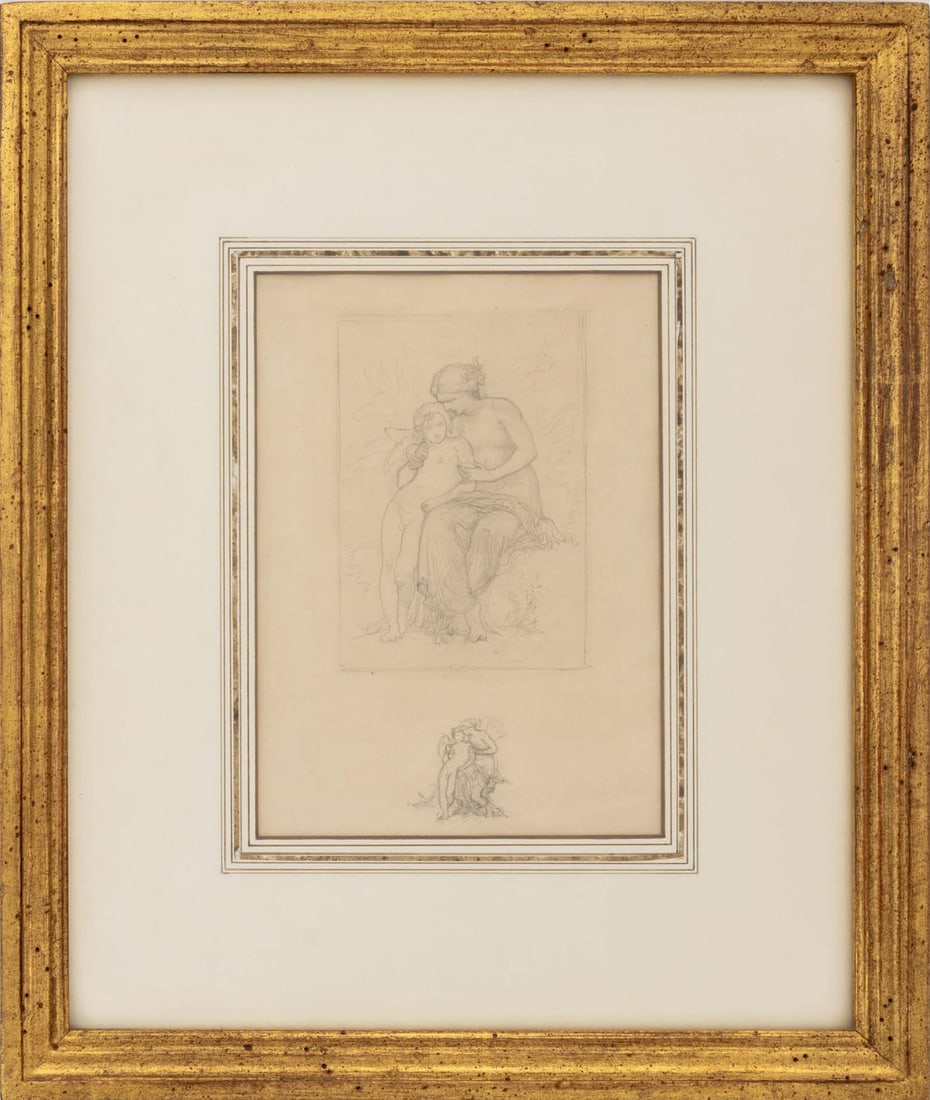 William Adolphe Bougureau Venus and Cupid: William Adolphe Bougureau (French, 1825-1905), Venus and Cupid, Graphite on Laid Paper, with smaller study lower center, Shepherd Gallery label to reverse, giltwood frame. Image: 8.25" H x 6: W; frame