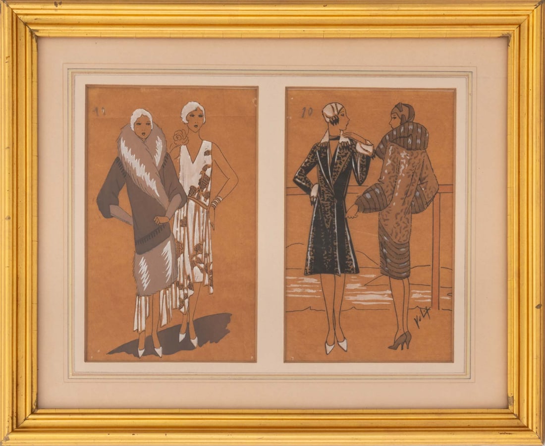 Christian Jacques Berard Fashion Drawings, 2: Christian Jacques Berard (French, 1902-1949), Pair of Fashion Drawings, Ink and Gouache on Toned Paper, 1920s, unsigned, together in giltwood frame. Overall image: 7" H x 9.5" W; frame: 11.5" H x 14.2