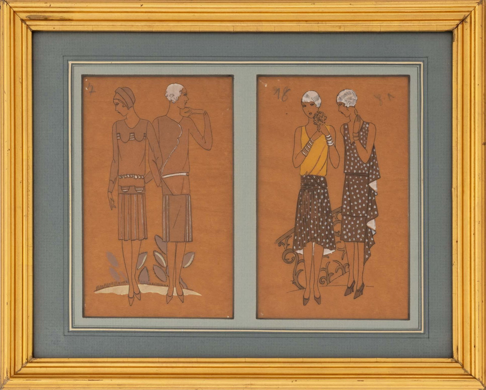 Christian Jacques Berard Fashion Drawings, 2: Christian Jacques Berard (French, 1902-1949), Pair of Fashion Drawings, Ink and Gouache on Toned Paper, 1920s, unsigned, together in giltwood frame. Overall image: 7" H x 9.5" W; frame: 11.5" H x 14.2
