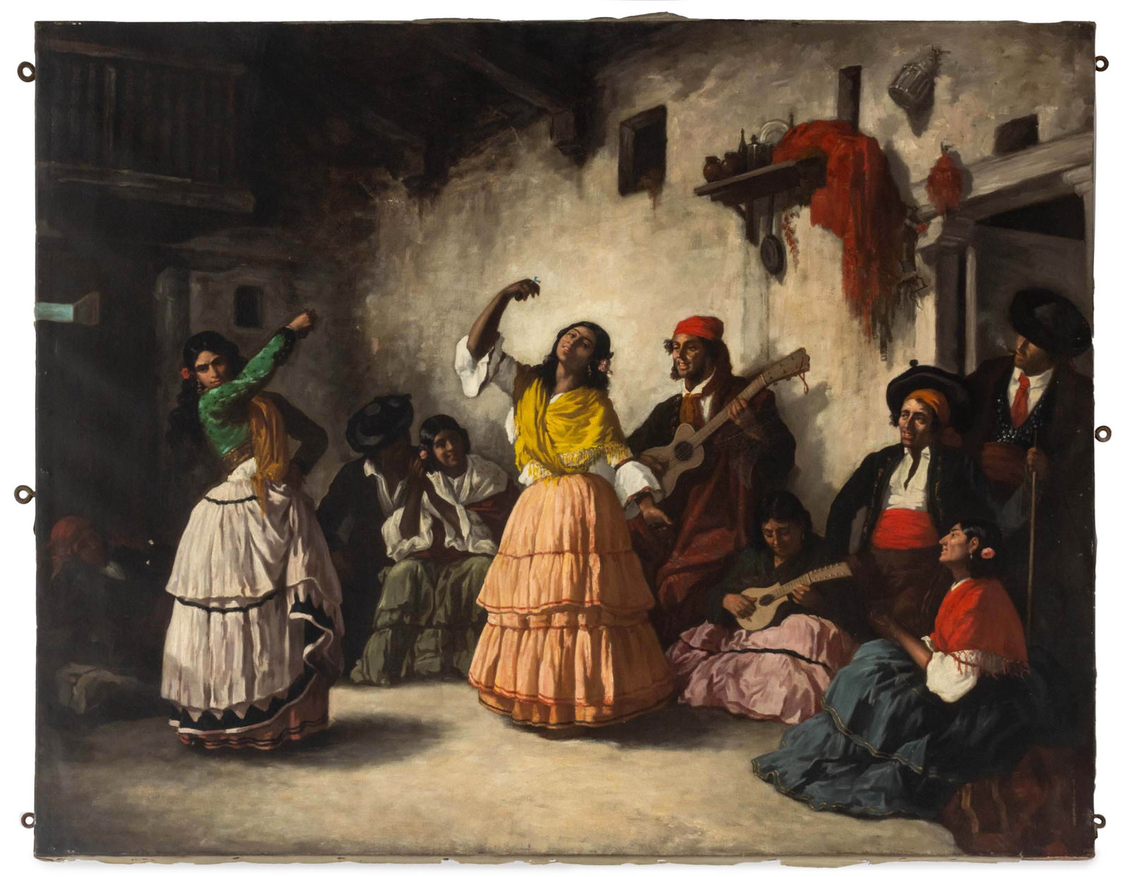 Circle of Lorenzo Casanova Ruiz Bailaoras, 19th C.: Circle of Lorenzo Casanova Ruiz (Spanish, 1845-1900), "Bailaoras en Sacromonte", Oil on Canvas, 19th century, unframed. 21.75" H x 28" W x 0.75" D. Provenance: From a Boston Collection. Keywords: Pain