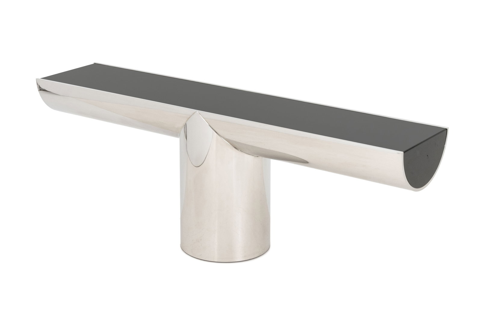 J. Wade Beam for Brueton "Tee" Console Table: J. Wade Beam for Brueton "Tee" Console Table, black glass top above T-shaped stainless steel base. 30.25" H x 84" W x 18" D. Provenance: From a SoHo, New York Collection. Keywords: Designer, Modern Fu