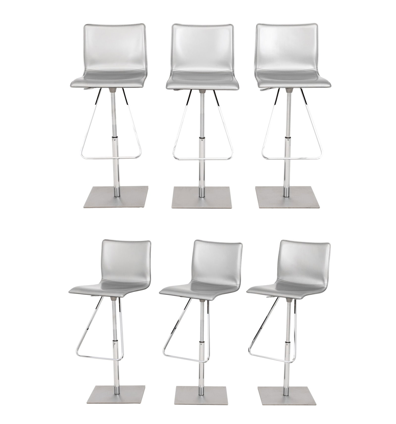Cattelan Italia "Toto" Adjustable Bar Stools, 6: Set of Six Cattelan Italia "Toto" Adjustable Swivel Bar Stools, each with silver-tone leather seat and back above chrome base, "Made in Italy" labels to undersides. Tallest height: 44.25" H x 17" W x 