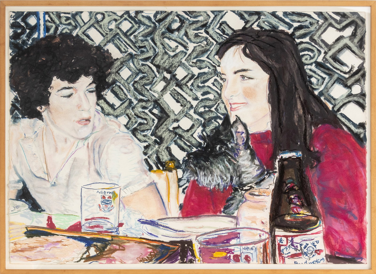 Billy Sullivan "Brother and Sister at Bar", 1982: Billy Sullivan (American, b. 1946), "Brother and Sister at Bar", Pastel and Watercolor on Paper, 1982, signed in pencil and dated lower right, wood frame. Image: 30.25" H x 42.25" W; frame: 33" H x 45