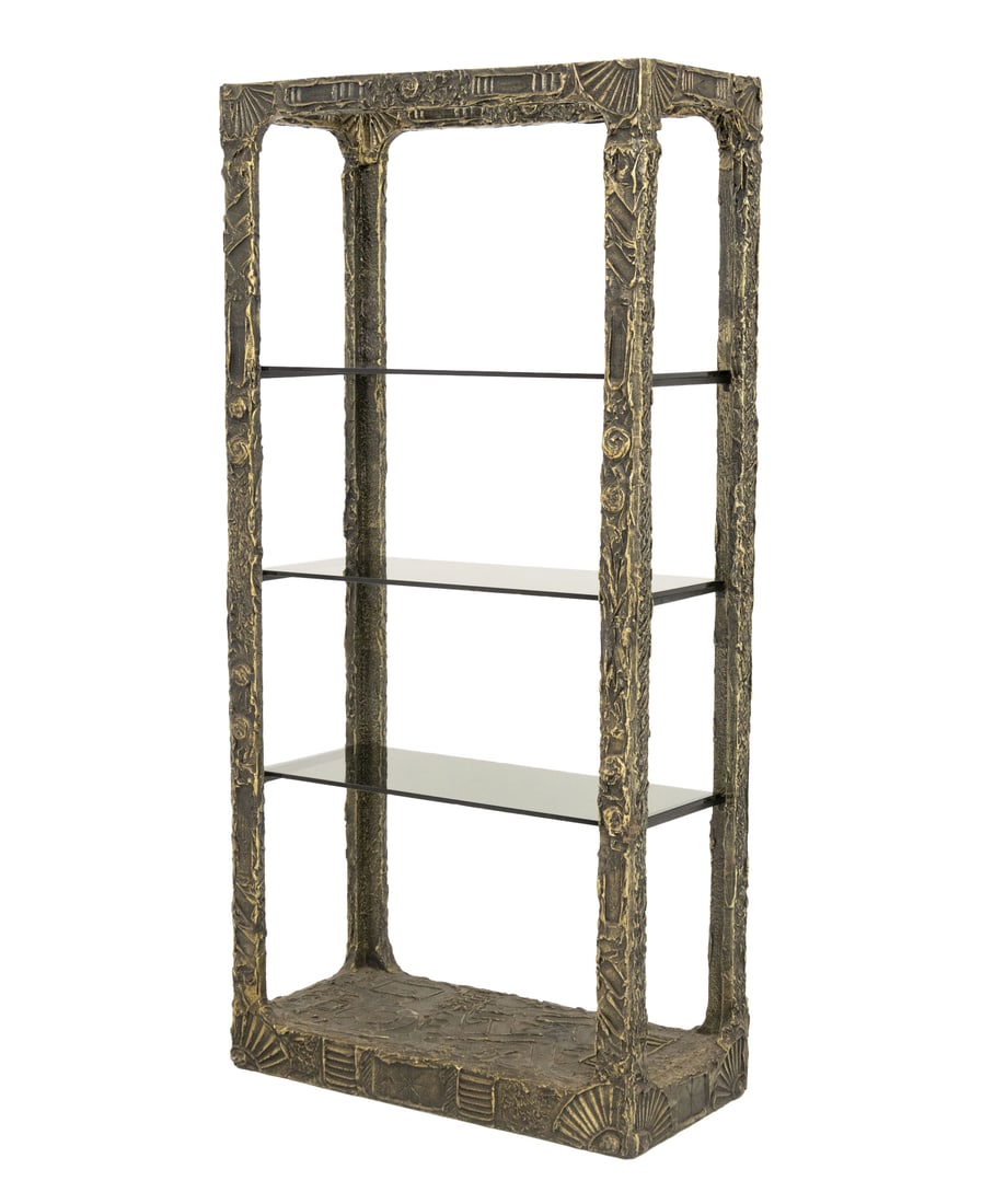 Adrian Pearsall "Goop" Brutalist Etagere: Adrian Pearsall (American, 1925-2011) "Goop" Etagere, bronzed textured resin and wood with three smoked glass shelves. 76.25" H x 36.75" x 17.25" D. Provenance: An Upper West Side, Manhattan Collectio