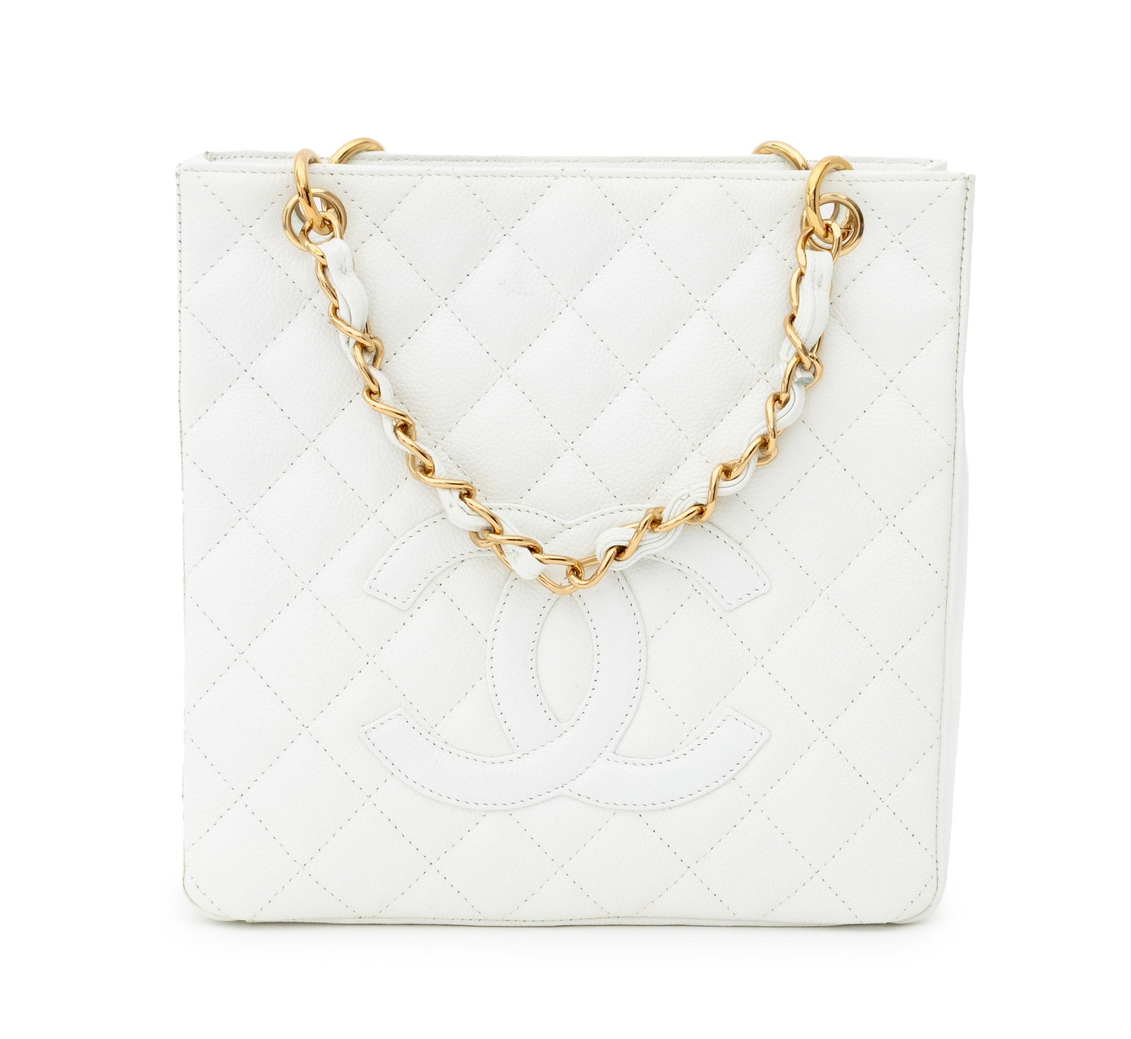 Chanel White Quilted Caviar Leather Tote Bag: Chanel White Quilted Caviar Leather Petite Tote Bag, with embosses "CC" logo, removable leather and gold-tone chain double handles and exterior slip pocket, the beige lined interior with single slip p