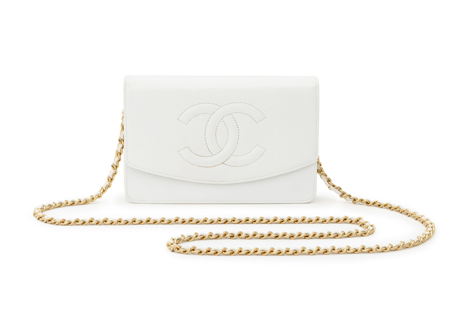 Chanel Caviar Timeless CC Wallet on Chain in White: Chanel Caviar Timeless CC Wallet on Chain in White Leather, the gold-tone and leather crossbody strap, fold-over top with embossed "CC" logo, opening to divided cream lined interior, with Carte D'Auth