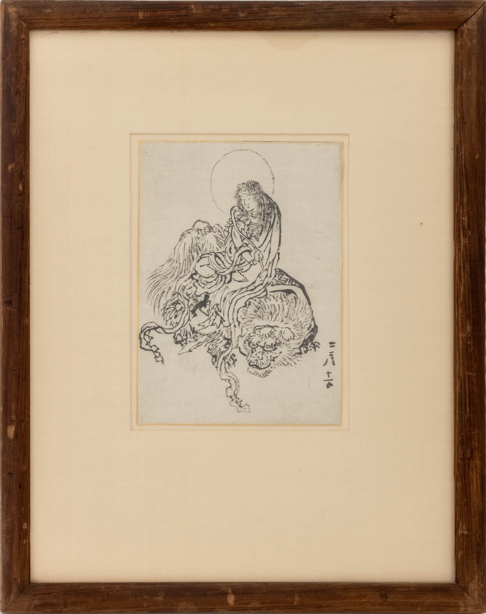 Katsushika Hokusai Attr. "Woman & Lion", ca. 1842: Katsushika Hokusai Attributed (Japanese, 1760-1849), "Woman and Lion", Ink on Paper, circa 1842, signed lower right, wood frame. Image: 11" H x 8" W; frame: 24.25" H x 19.25" W x 0.75" D. Provenance: 
