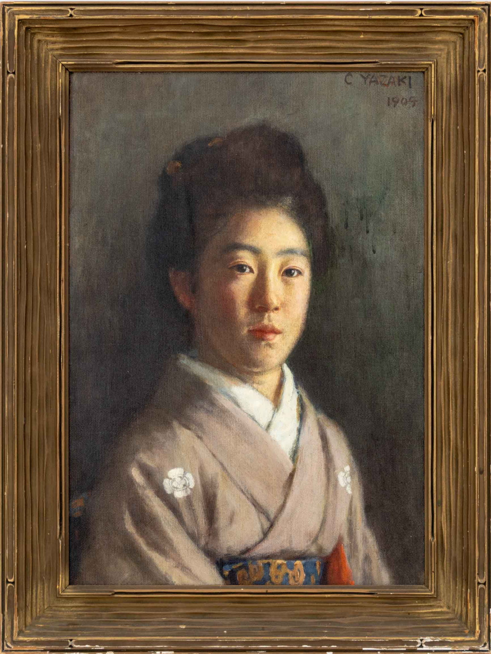 Chiyoji Yazaki Portrait of a Woman Oil, 1904: Chiyoji Yazaki (Japanese, 1872-1947), Portrait of a Woman Wearing a Kimono, Oil on Canvas, 1904, signed "C. Yazaki" and dated upper right, giltwood frame. Image: 19.5" H x 13.75" W; frame: 24.75" H x 