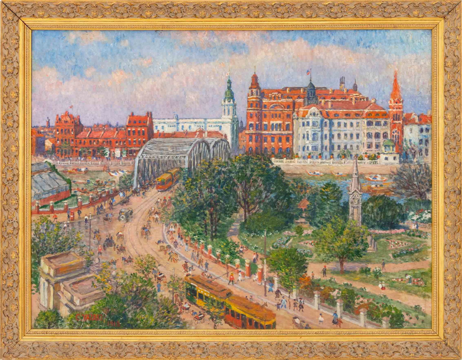Chiyoji Yazaki "The Bund Shanghai" Oil, 1918: Chiyoji Yazaki (Japanese, 1872-1947), "The Bund Shanghai", Oil on Canvas, 1918, signed and dated lower left, artist label verso, giltwood frame. Image: 23.25" H x 31" W; frame: 35.75" H x 28" W x 1.25