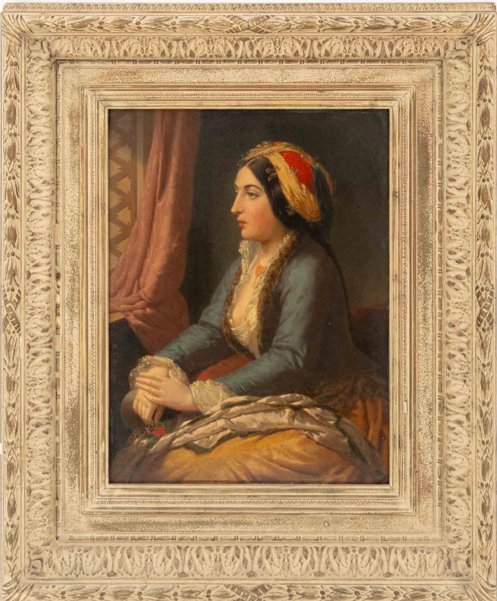 Miner K. Kellogg "Turkish Girl of Constantinople": Miner Kilbourne Kellogg (American, 1814-1889), "Turkish Girl of Constantinople", Oil on Panel, signed center left, giltwood frame. Image: 15.75" H x 11.75" W; frame: 24.5" H x 20.5" W x 3" D. Provenan