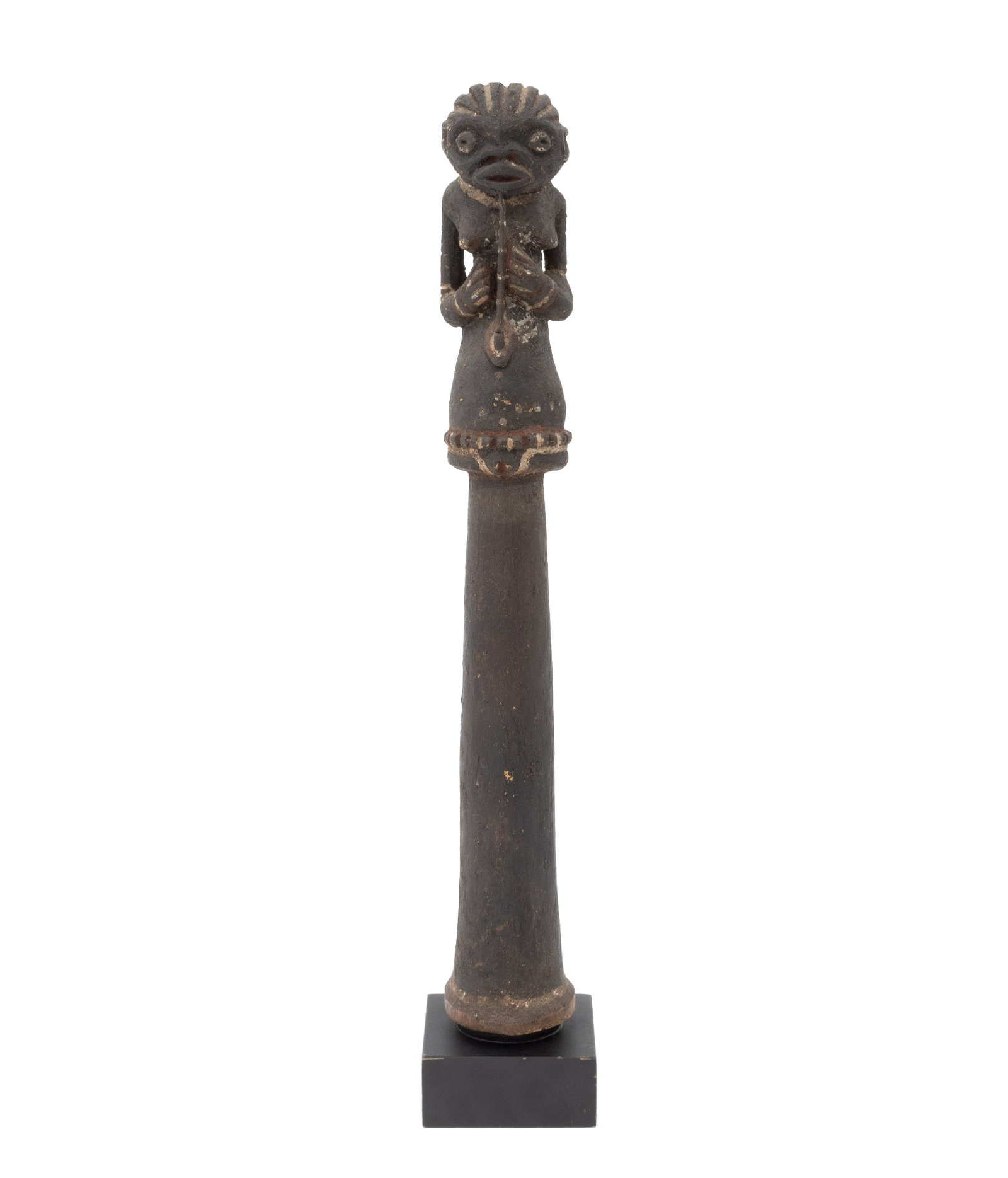 Mambila Tawong Trumpet: Mambila Tawong Trumpet, Cameroon, early 20th century, polychrome painted and hand-carved wood, the mouthpiece in the form of a female figure playing a flute, with fitted stand. Overall: 24.75" H x 4.2