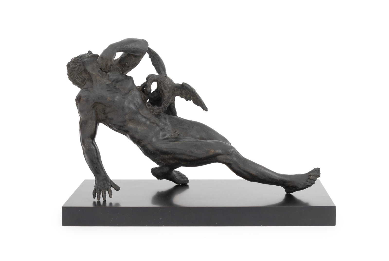 Italian Baroque Prometheus Patinated Bronze: Italian Baroque Prometheus Attacked by the Eagle Patinated Bronze Sculpture, 19th century or earlier, with a black plinth. Overall: 12.5" H x 17.75" W x 9.75" D. Provenance: From the Estate of Gerard 