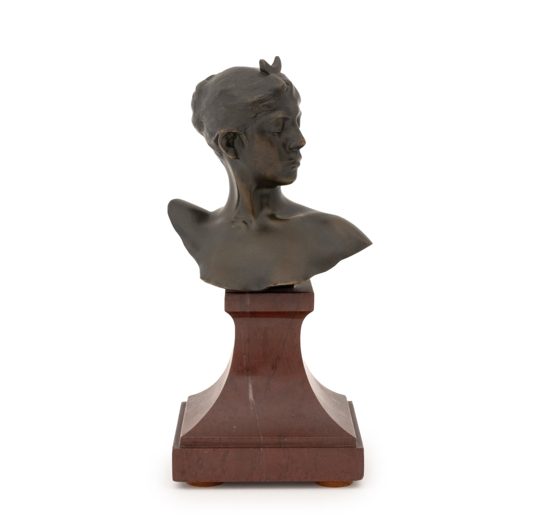 Alexandre Falguiere Bust of Diana Bronze Sculpture: Jean Alexandre Joseph Falguiere (French, 1831-1900) Bust of Diana Patinated Bronze Sculpture, signed to reverse of left shoulder, mounted on red and black marble plinth. Overall: 7.75" H x 4.25" W x 3