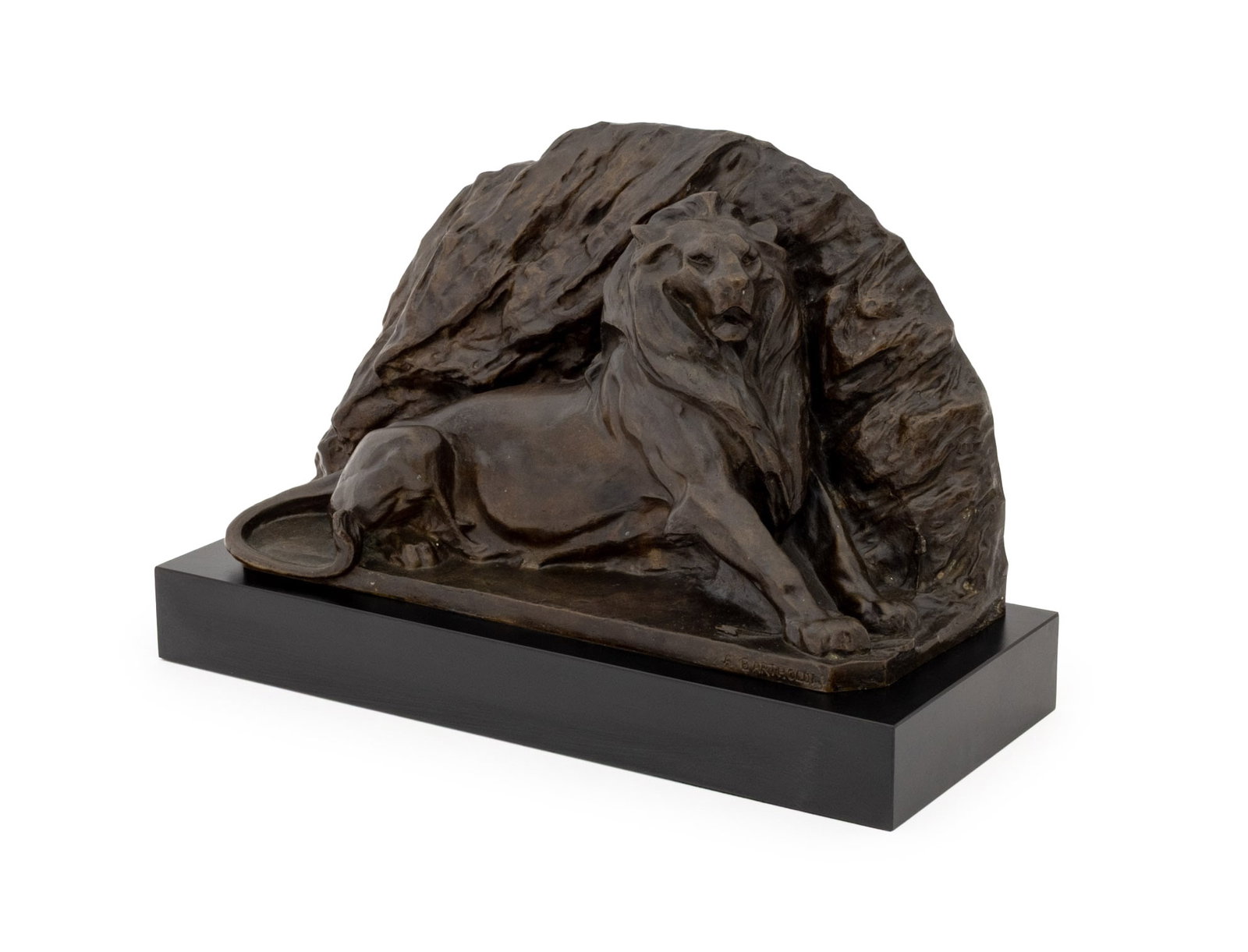 Frederic Auguste Bartholdi Lion of Belfort Bronze: Frederic Auguste Bartholdi (French, 1834-1904) "Lion of Belfort" Patinated Bronze Sculpture, 19th century, signed to base, with black lacquered stand. Sculpture only: 9.25" H x 16" W x 6.5"D; overall:
