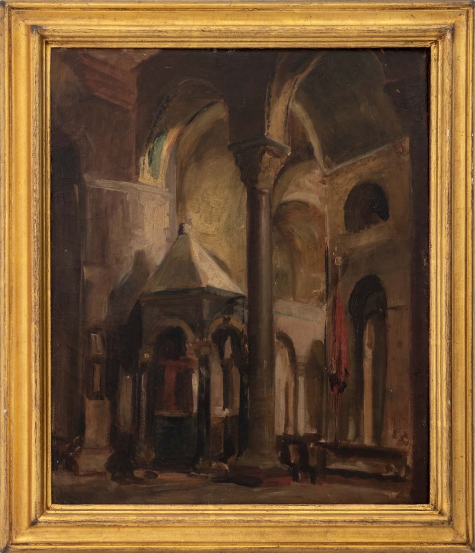 Italian Church Interior Oil on Canvas, 19th C.: Italian School, Interior Scene of a Church, Oil on Canvas, 19th century, unsigned, giltwood frame. Image: 16.25" H x 13.5" W; frame: 20" H x 17.25" W x 1.25" D. Provenance: From the Estate of Gerard S