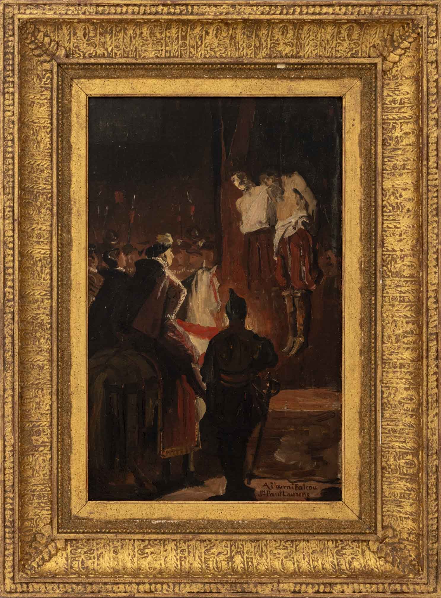 Jean-Paul Laurens The Hanging of Two Men, 19th C: Jean-Paul Laurens (French, 1838-1921), The Execution of Two Men, Oil on Canvas, 19th century, signed and inscribed lower right, giltwood frame. Image: 15.5" H x 9.75" W; frame: 22.75" H x 16.75" W x 2