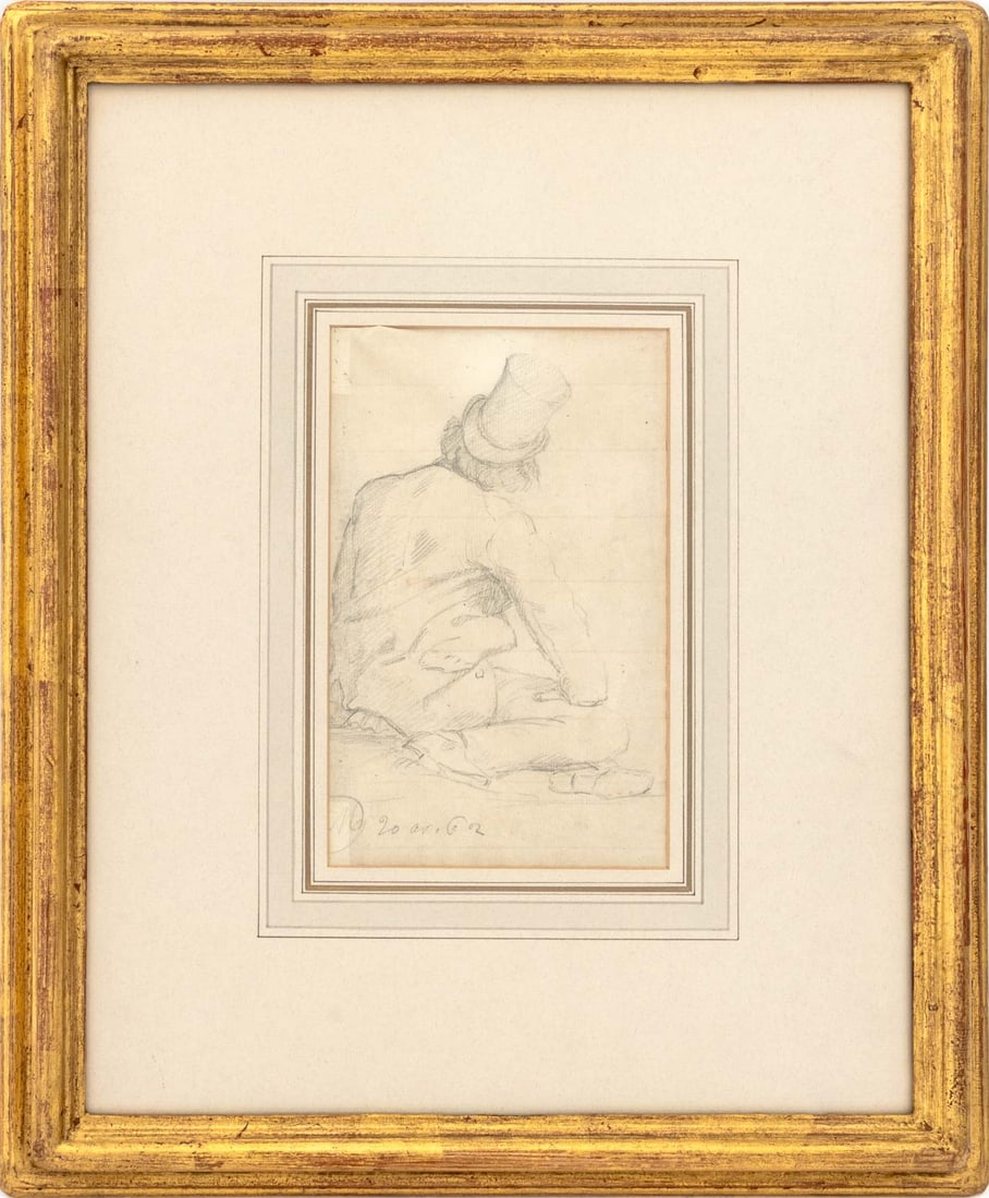 Jean-Paul Laurens Seated Man Chalk, 19th C.: Jean-Paul Laurens (French, 1838-1921), Seated Man Seen From Behind, Black Chalk on Laid Paper, 19th century, inscribed "16" and "20 av. 62" lower left, giltwood frame. Image: 7.5" H x 4.75" W; frame: 