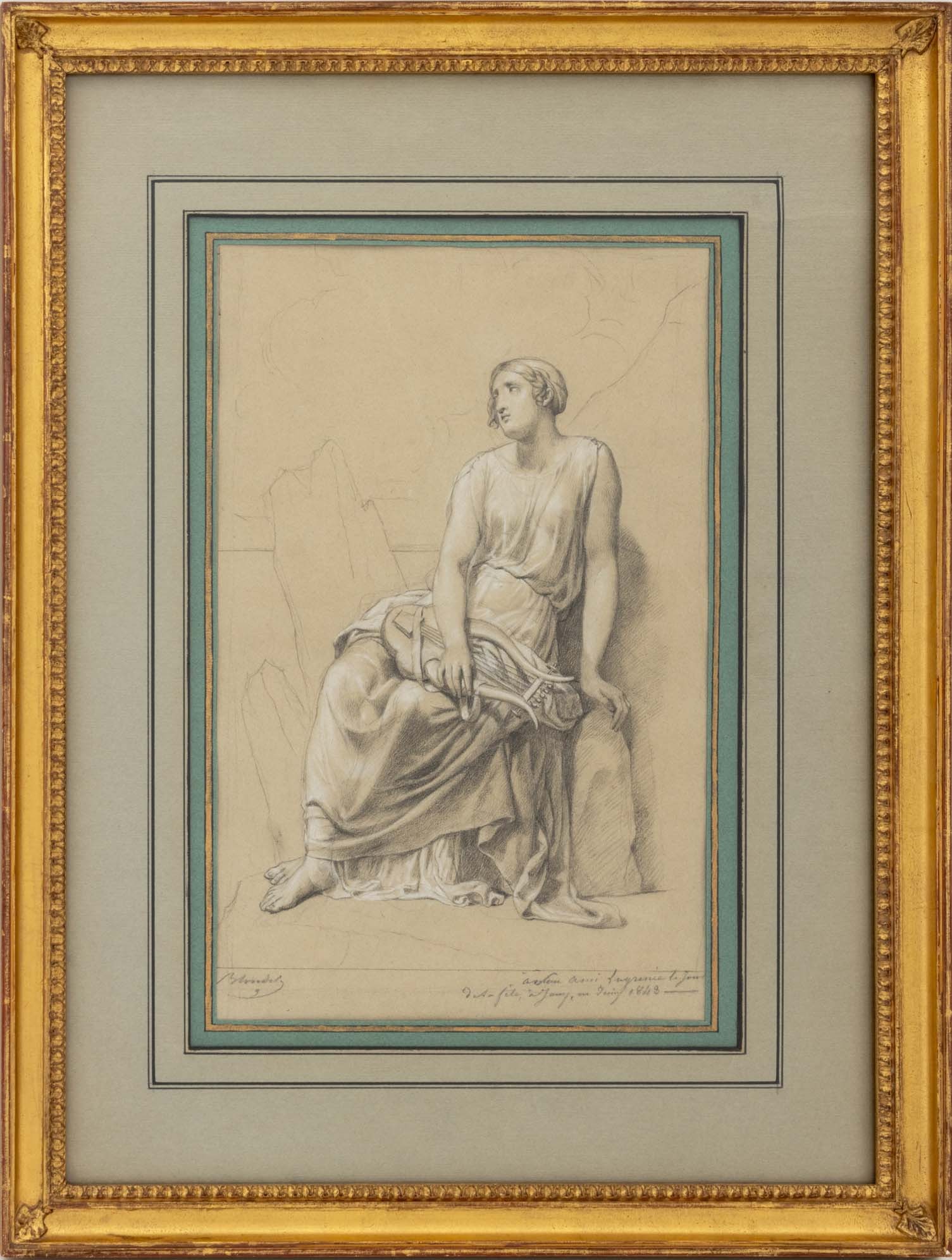 Merry-Joseph Blondel Classical Woman, 1843: Merry-Joseph Blondel (French, 1781-1853), Classical Woman with Lyre, Black and White Chalk on Toned Paper, 1843, signed lower left, date and inscribed "a mon ami Lagrenee le jour / de la fete a Joy, J