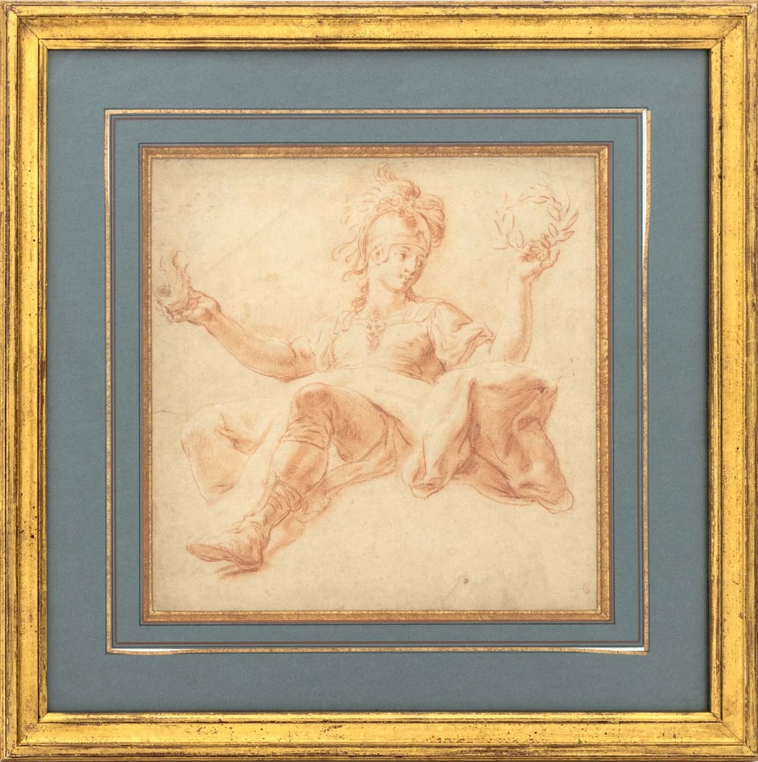 French David Holding the Head of Goliath, 18th C.: French School, David Holding the Head of Goliath and Laurel Wreath, Red Crayon on Laid Paper, 18th century, illegibly signed verso, faint oval stamp lower right, giltwood frame. Image: 9.75 H x 9.5" W