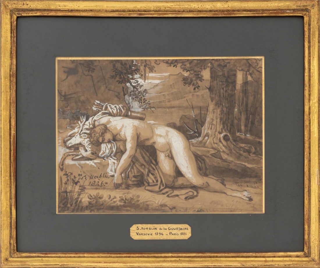 Sebastien Norblin "Endymion" Ink on Paper, 1826: Sebastien-Louis-Guillaume Norblin de la Gourdaine (French, born Poland, 1796-1884), "Endymion", Brown and White Ink on Paper, 1826, signed "S. Norblin" and dated lower left, giltwood frame. Image: 6.2