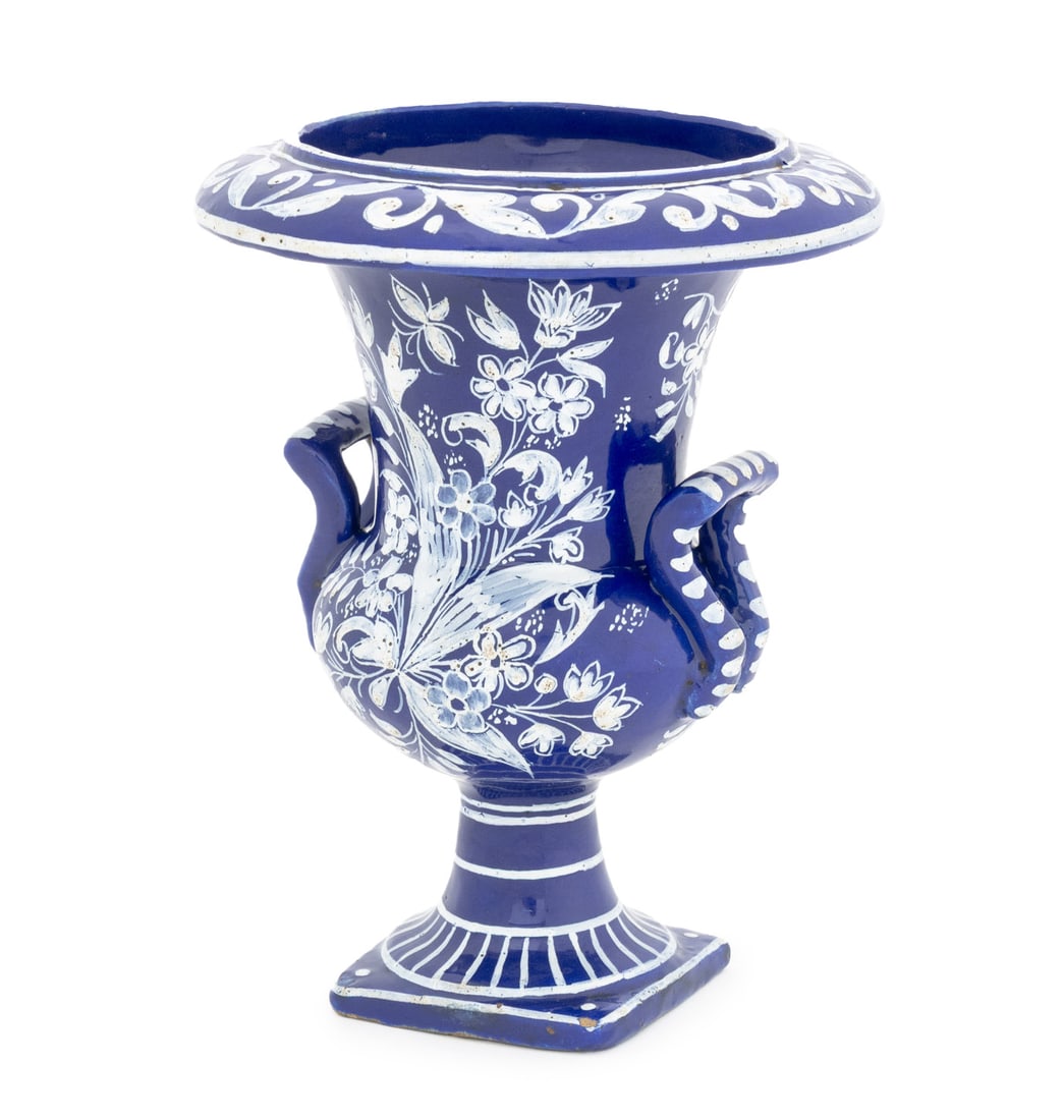 Nevers French Faience Cachepot, 18th C.: Nevers French Faience Cachepot, 18th century, hand-painted with white flowers and a bird on a Persian blue ground. 7.25" H x 7.5" W x 5" D. Provenance: Christie's, Paris, "Ancienne Collection de Duc d