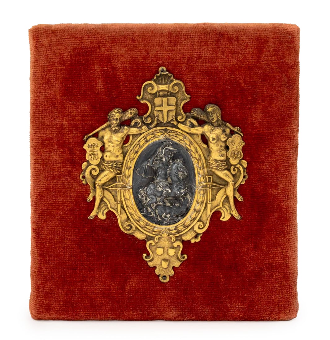 St. George and the Dragon Silver Plate Medallion: Saint George Slaying the Dragon Silver Plate Medallion, 19th century, surrounded by figural gilt bronze relief Guild of Armorers and Swords crest, mounted on rust velvet mount. Relief: 5.75" H x 4.25"
