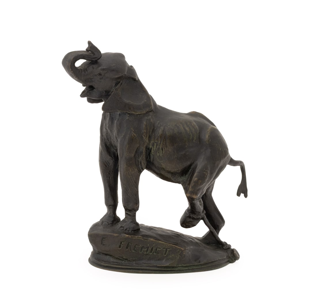 Emmanuel Fremiet "Elephanteau Entrave" Bronze: Emmanuel Fremiet (French, 1824-1910) "Elephanteau Entrave" Patinated Bronze Sculpture, 19th century, signed and stamped "38" to base. 6.5" H x 6.5" W x 3" D. Provenance: From the Estate of Gerard Stor