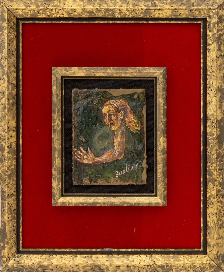 David Burliuk Scene of a Woman Oil on Masonite: David Burliuk (Ukrainian, 1882-1967), Surrealist Scene of a Woman Holding a Coin, Oil on Masonite, signed "Burliuk" lower right, giltwood frame. Panel: 4.25" H x 3.25" W; frame: 11.75" H x 9.75" W x 1